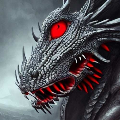 Fierce silver gray dragon with red eye and teeth